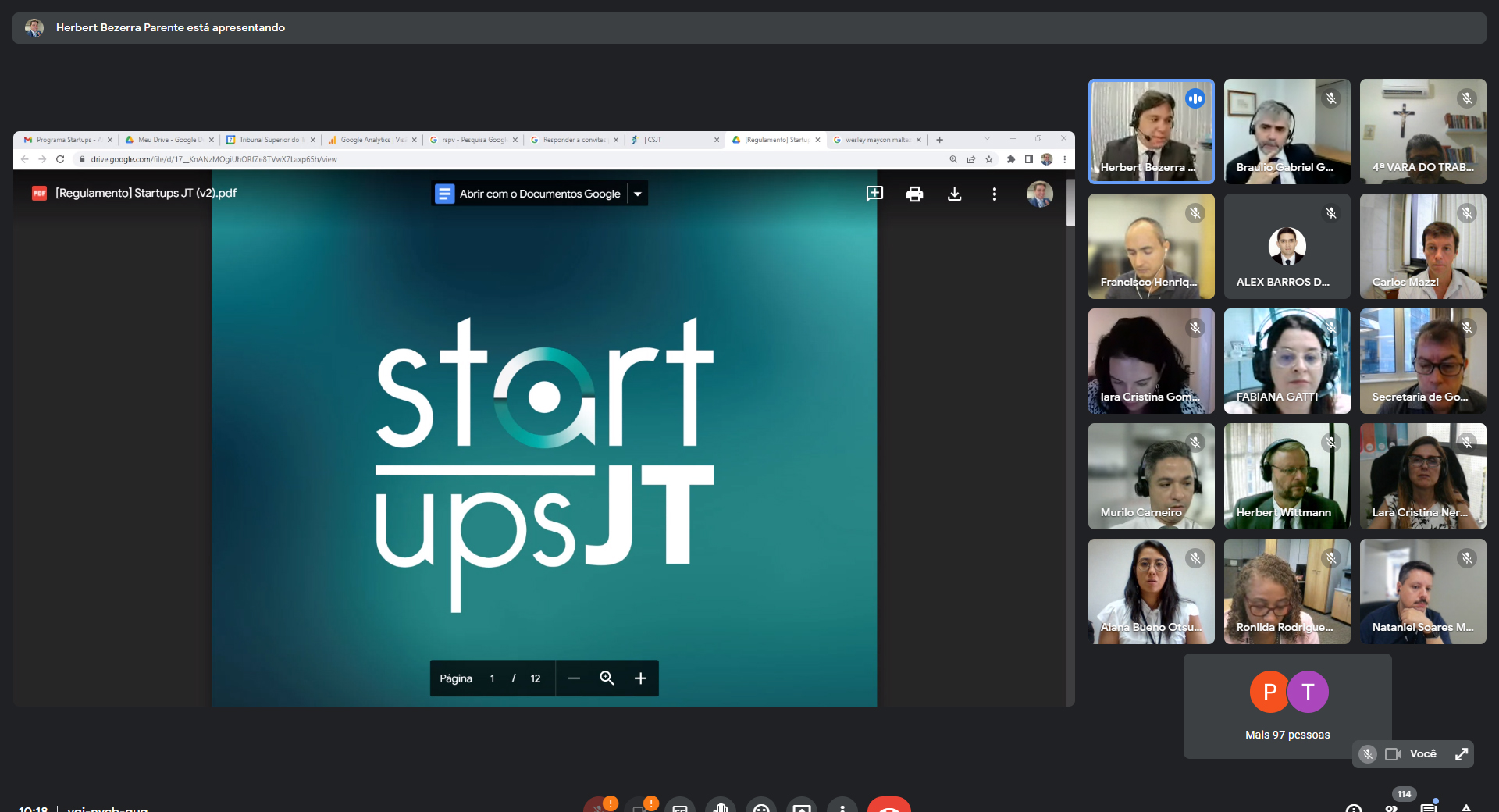 Print da tela do encontro virtual que lançou o programa Startup JT para os Tribunais Regionais do Trabalho.